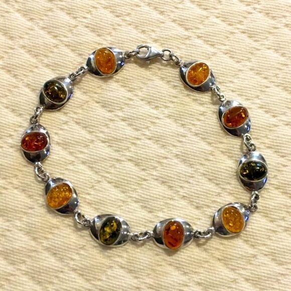 Vintage Sterling Silver Multi Color Amber Tennis Bracelet - Picture 2 of 6